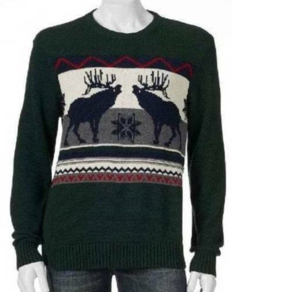 Mens Sweater Dockers Green Moose Small Crewneck Long Sleeve Winter Holiday - Picture 1 of 5